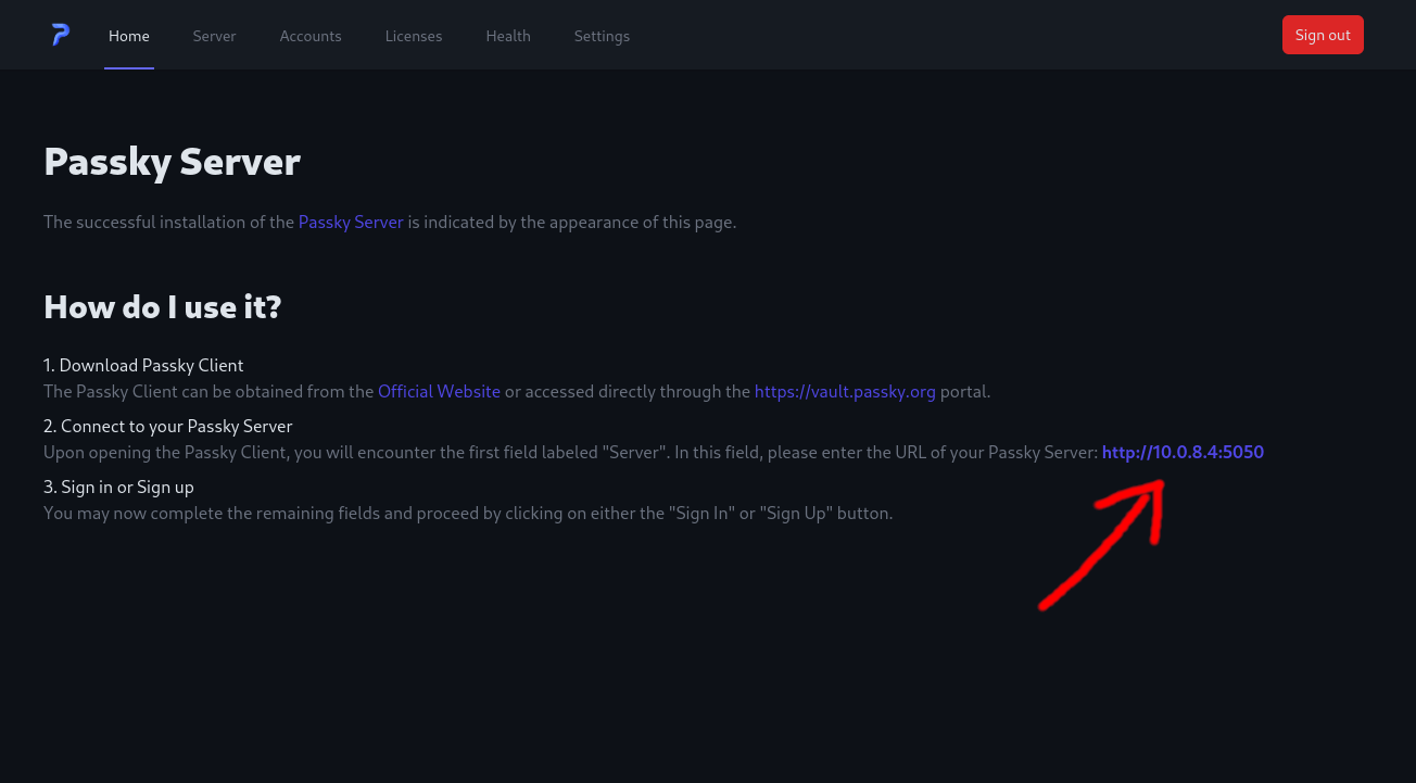 Passky Server homepage with marked server URL